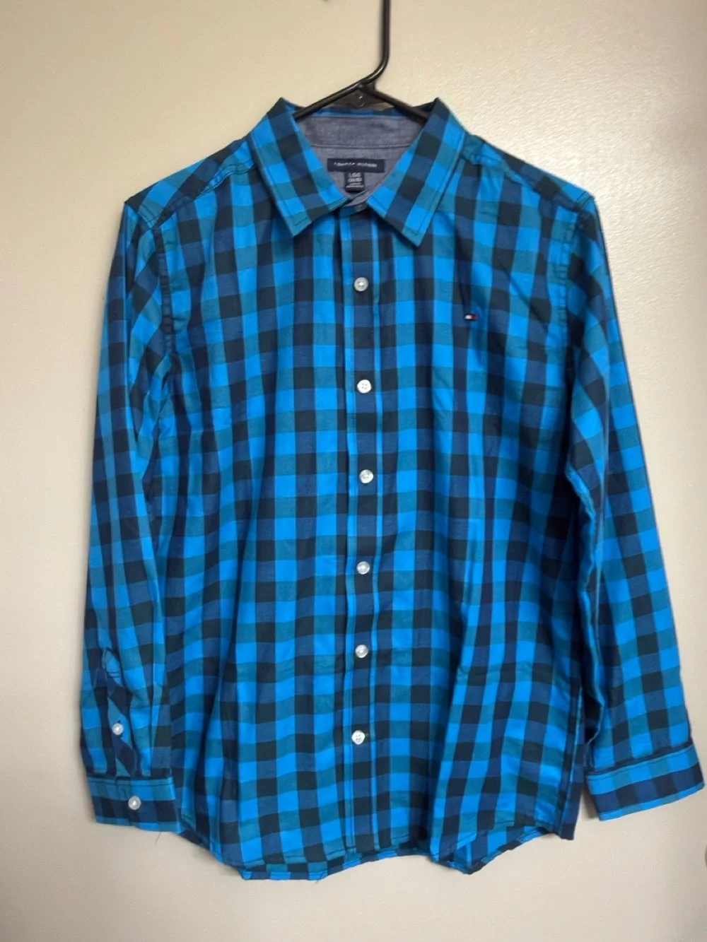 Tommy Hilfiger Boy’s Medieval Blue Twill Check Long Sleeve Button Up Shirt EUC